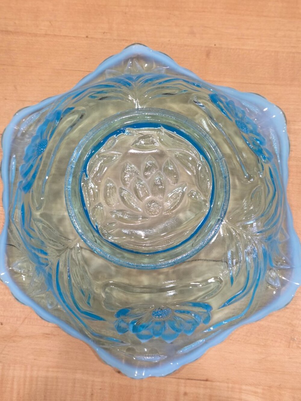 Antique Fenton Water Lily and Cattails Blue Opalescent Glass Bowl 9 Inch